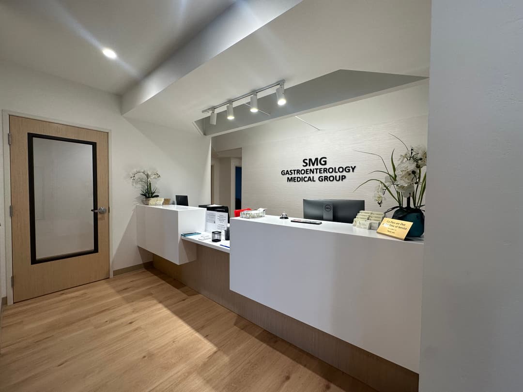 Modern gastroenterology medical office reception with clean design and welcoming atmosphere.