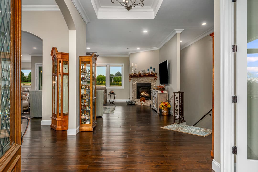 Modern home interior with wooden floors, elegant fireplace, and decorative display cabinets.